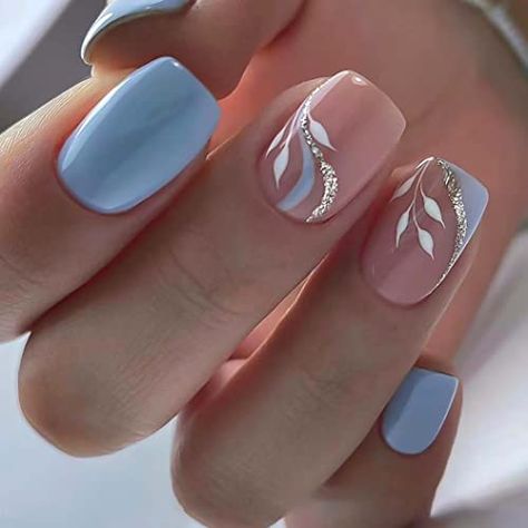 RikView Square Press on Nails Medium Acrylic Nails Blue Nails Glossy Nails for Women 24 PCS Dusty Blue Wedding Nails, Cornflower Blue Nails, Bridal Shower Nails, Blue Wedding Nails, Blue Prom Nails, Short Oval Nails, Blue And Silver Nails, Cruise Nails, Press Nails