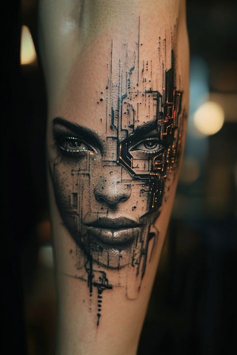 A futuristic tattoo of a woman's face integrated with circuit board elements. Universe Arm Tattoo, Transcendence Tattoo, Acid Tattoo Ideas, Cyberpunk Tattoo Design, Cyberpunk Tattoo Design Ideas, Realism Tattoo Ideas For Men, Sci Fi Tattoo, Cyberpunk Tattoos, Skydiving Tattoo