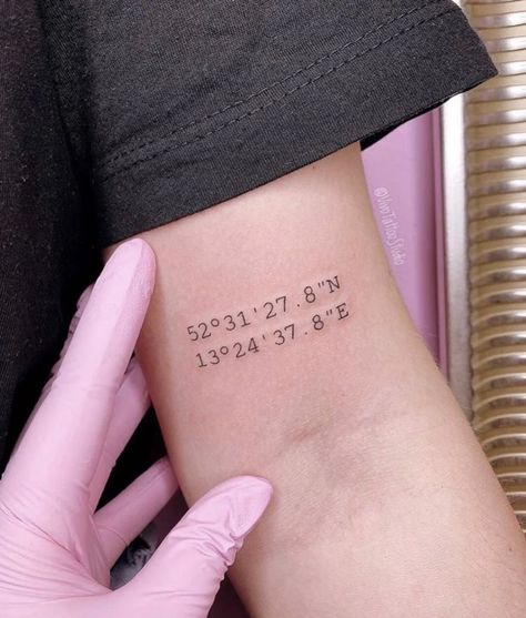 Coordinate Tattoos For Women, Gps Coordinates Tattoo, Coordinates Tattoo Placement, Coordinate Tattoo Ideas, Word Tattoo Ideas, Coordinates Tattoo, Word Tattoo, Bff Tattoos, Tattoo Font