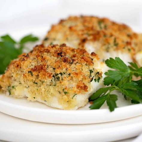 This panko-crusted cod is a quick, easy and delicious fish dinner, with garlic, lemon and mustard together with a crispy panko topping. Panko Crusted Fish With Lemon Dill Sauce, Panko Crusted Tilapia, Panko Crusted Cod, Crusted Cod, Lemon Dill Sauce, Crusted Tilapia, Fried Cod, Seafood Meals, Brunch Bread