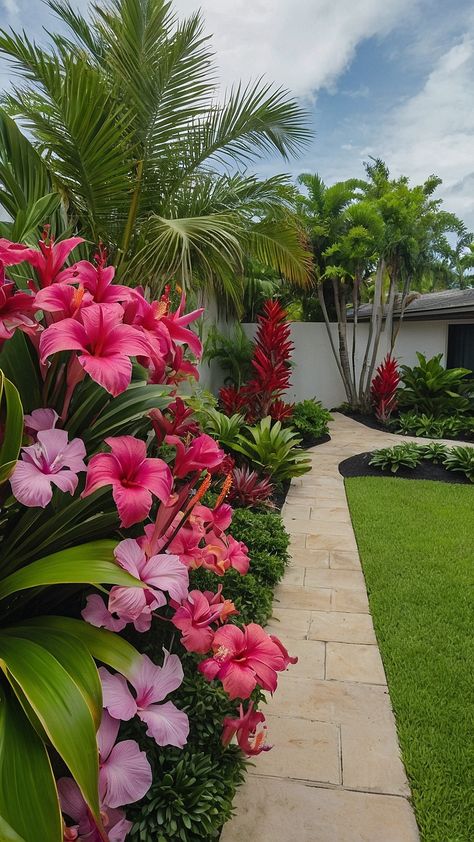 Transforming Your Outdoor Space: 15 Exciting Tropical Landscaping Ideas - Fads Beautiful Gardens Landscape Yard Ideas, Tropical Flowers Garden Landscaping, Tropical Flower Garden Ideas, Unique Front Garden Ideas, Front Yard Landscaping Florida Ideas, Tropical Garden Inspiration, Creative Landscaping Ideas, Diy Tropical Backyard, Hawaiian Backyard Ideas