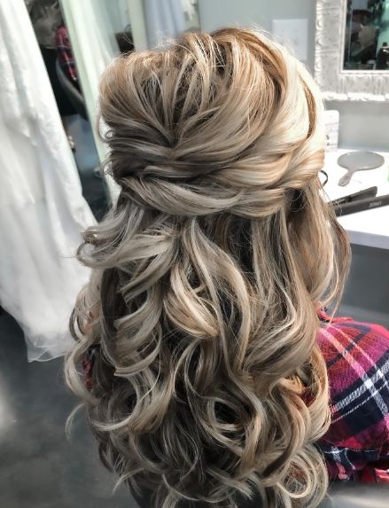 Bridesmaid Half Up Half Down Hairstyle For Curly Hair Party Hair Half Up Half Down, Long Hair Half Updo For Wedding, Mother If The Bride Hair, Half Up Do Hairstyles For Weddings, Medium Bridal Hair Down, Formal Hair Medium Length Half Up, Long Hair To The Side Styles, Bride Hair Color Ideas, Prom And Wedding Hairstyles