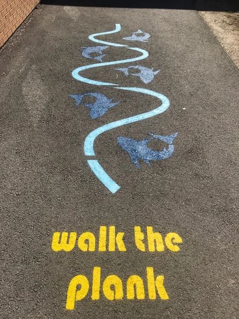 Preschool Hopscotch Ideas, Playground Painting Ideas, Chalk Obstacle Course For Kids, Walk The Plank Game, Sidewalk Games, Chalk The Walk, Sidewalk Chalk Games, Playground Painting, Chalk Activities