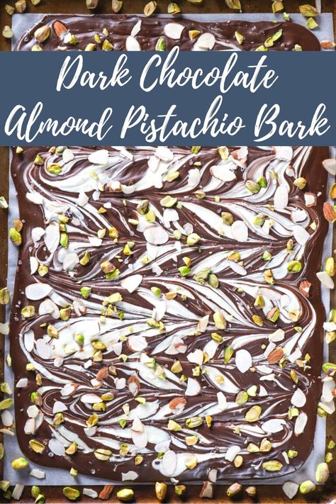 Crunchy, creamy and salty, sweet, this easy Swirled Dark Chocolate Almond Pistachio Bark recipe is a great last minute candy idea for a party or for gifting! #chocolatebark #pistachios #foodgifts Pistachio Chocolate Bark, Pistachio Bark Recipe, Dark Chocolate Almond Bark, Pistachio Bark, Almond Bark Recipes, Dark Chocolate Candy, Easy Candy Recipes, White Chocolate Candy, Candy Bark