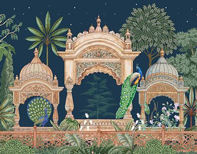 Check out new work on my @Behance profile: "Mughal Garden at Night with Peacocks and Temples" http://be.net/gallery/200392459/Mughal-Garden-at-Night-with-Peacocks-and-Temples Indian Graphic Design, Mughal Garden, Royal Wallpaper, Dancing Wedding, Peacock Garden, Ancient Drawings, Mughal Art Paintings, Indian Illustration, Garden Illustration