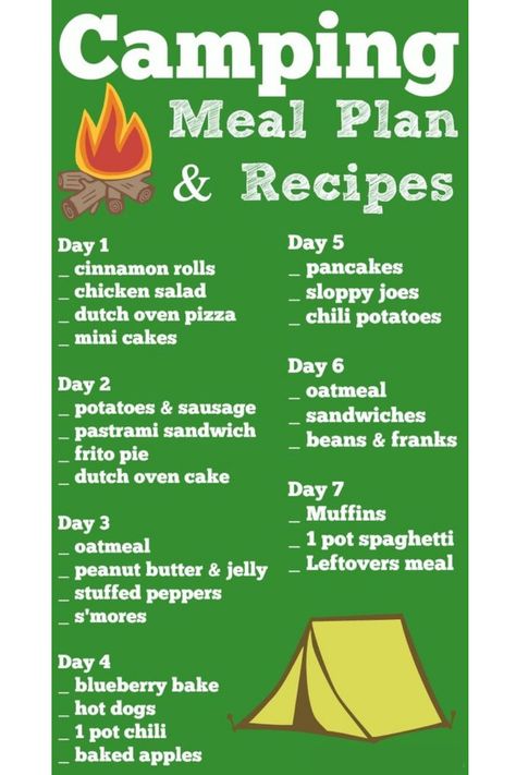 Easy camping recipes and a free meal planning printable to help you plan what you're going to eat while you're camping! #hikingadventures #camping #mountains #Travel #backpacking #boots #hike #Shoes #trails #adventure #bags premade camping meals, tent camping must haves, camping lunches, Camping Meal Prep, Premade Camping Meals, Tent Camping Food, Dutch Oven Pizza, Easy Camping Recipes, Chili Pizza, Baked Hot Dogs, Camping Meal Planning, Leftover Spaghetti