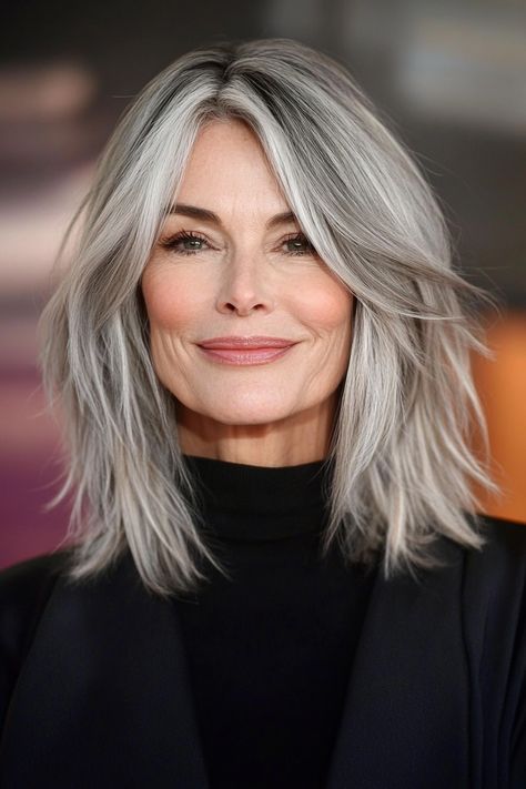 Casual Shoulder Length Hairstyles, Shoulder Length Bob Grey Hair, Grey Hair Haircuts Over 50, 50 Women Hairstyles Over 50, Gray Hair Color Ideas Over 50, Shoulder Length Hair Gray, Color For Greying Hair, Silver And Blonde Hair, Grey Layered Bob