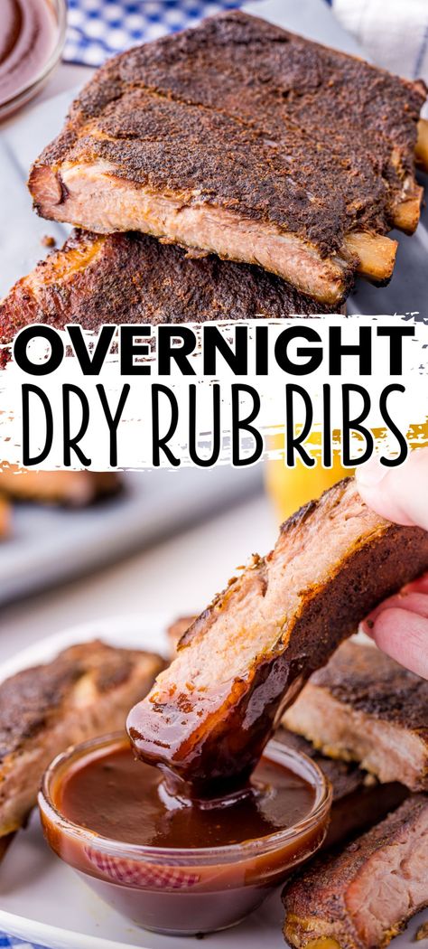 Overnight Dry Rub Ribs use the best rib rub recipe around! Prep them the night before, then let the ribs cook low and slow overnight. So easy! #BreadBoozeBacon #porkribs #ribs #ribrub #dryrubribs #ovenight #tailgating #gameday #camping #cookout Bbq Rib Dry Rub Recipe, Best Rib Rub Recipe, Best Rib Rub, Easy Rib Recipes, Dry Rub Ribs, Cooking Pork Ribs, Pork Loin Back Ribs, Rub For Ribs, Rib Rub Recipe