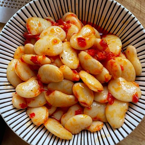 Calabrian Chili Marinated Butter Beans - On The Bias - All Recipes Calabrian Chili Recipes, Calabrian Peppers, Italian Peppers, Chili Butter, Chili Pepper Recipes, Chili Shrimp, Roast Fish, Beans Recipes, Calabrian Chili