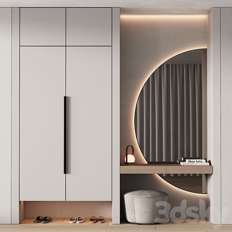 Hall Round Mirror, Half Circle Mirror Hallway, Mirror Models Design, Half Circle Mirror Bedroom, Half Circle Mirror Entrance, Entrance Closet With Mirror, Hallway Designs Entrance, Semi Circle Mirror Dressing Table, Half Circle Mirror Dressing Table