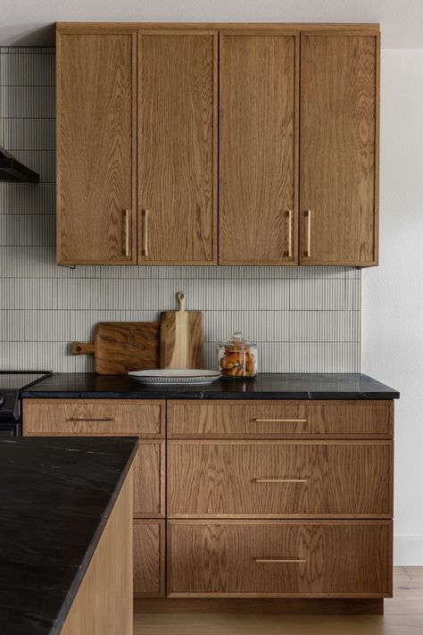 East Austin Project | My Site Walnut And Grey Kitchen, Tiny Kitchen Design Layout, Kitchen Draw Handles, Closed Off Kitchen, Beautiful Tile Backsplash, Soapstone Kitchen, Black Kitchen Countertops, Austin Interior Design, Quarter Sawn Oak