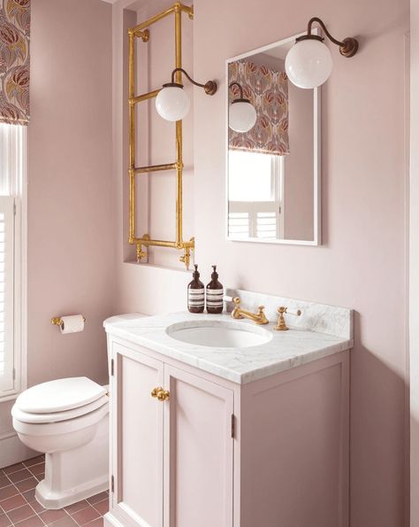 Above Toilet Storage Ideas, Aphrodite Bathroom, Pink Bathroom Paint, Pink Bathroom Vanity, Gallery Design Ideas, Toilet Storage Ideas, Above Toilet Storage, Stable House, Bathroom Wet Room