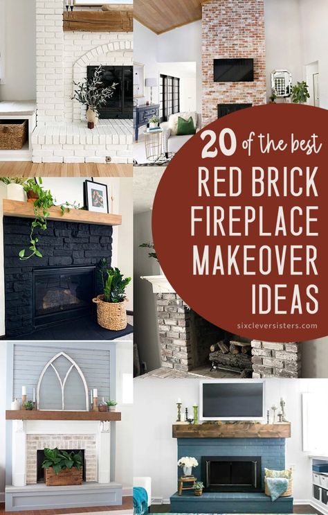 Red Brick Fireplace Makeover Ideas | How to update a red brick fireplace | How to modernize a red brick fireplace | What color looks good on a red brick fireplace | 20 Ideas for updating your red brick fireplace - at Six Clever Sisters! Redoing Old Brick Fireplace, Painting Over Brick Fireplace, Living Room With White Washed Fireplace, Fireplace Tile Over Brick, What Color To Paint Brick Fireplace, Painting A Brick Fireplace Ideas, Refinished Brick Fireplace, Upgrade Brick Fireplace, Modernize Brick Fireplace