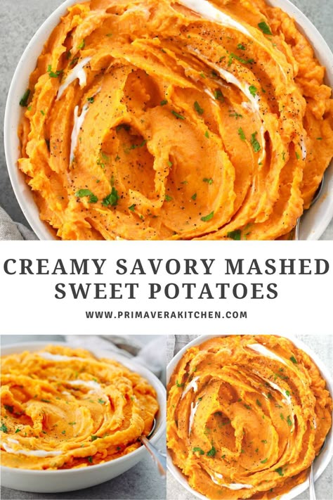 The perfect addition to any holiday meal, this Creamy Savory Mashed Sweet Potatoes is so easy to make. Made with simple wholesome ingredients, this mashed sweet potatoes recipe is rich and creamy without being a heavy side dish. #savorymashedsweetpotato #mashedsweetpotato Creamy Mashed Sweet Potatoes, Sweet Potatoes Mashed Recipe, Sweet Potato Mash Savory, Garlic Sweet Potato Mash, Sweet Potato Rosemary Recipes, Pumpkin Mashed Potatoes, Gluten And Dairy Free Sides Dishes, Mashed Sweet Potatoes Casserole, Mashed Sweet Potatoes And Carrots