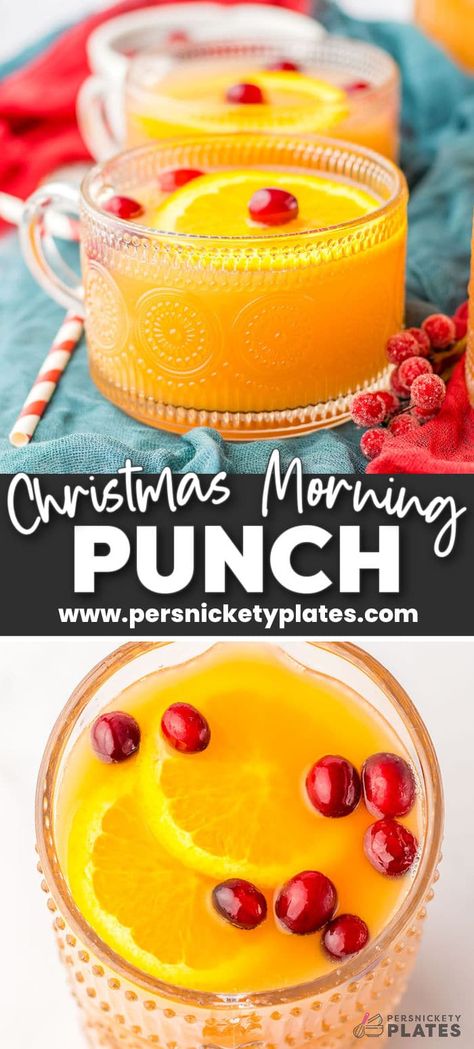 Presents from Santa aren't the only reason to get excited about Christmas morning! This family-friendly and festive Christmas morning punch recipe is a combination of pineapple juice, orange juice, cranberry cocktail, and ginger ale, garnished with cranberries and fresh orange slices, and the perfect way to get the holiday festivities off to a refreshing start! Breakfast Punch, Presents From Santa, Christmas Morning Punch, Persnickety Plates, Brunch Punch, Christmas Appetizer Recipes, Best Margarita Recipe, Easy Margarita Recipe, Orange Punch