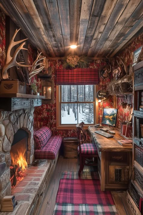 72 Mountain Cabin Office Inspirations - TastyInteriors Old Rustic Cabin Interiors, Maine Cabin Interior, Log Cabin Homes Interior Rustic, Cabin Interiors Rustic Decorating Ideas, Old Log Cabin Interior, Small Log Cabin Homes Interior, Log Cabin Wallpaper, Boho Log Cabin, Cabin House Interior