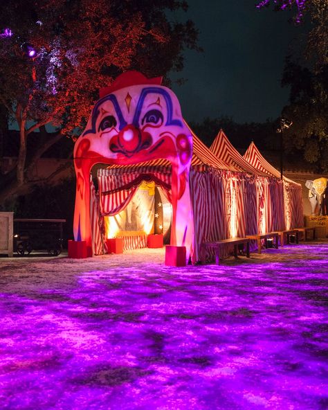 Carnival Freakshow Halloween Party | Kristin Banta Events | PartySlate Halloween Event Decor, Halloween Pathway Lights, Vortex Tunnel, Party Tent Decorations, Haunted Circus, Halloween Projector, Haunted Carnival, Halloween Led Lights, Halloween Lights Decorations