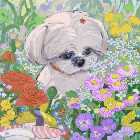 Puppy Flowers, Girl Draw, Art Goals, Puppy Art, Animal Sewing Patterns, Cute Paintings, Vintage Picture, Animal Illustrations, Freelance Artist