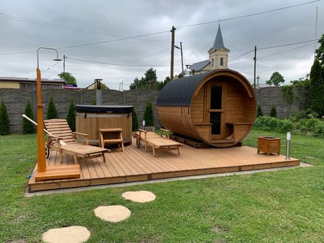 Akka 280 Set with Kirami hot tub Garden Sauna And Hot Tub, Hot Tub Sauna Combo, Spa Decking Ideas, Hot Tub Sauna Outdoor, Sauna And Hot Tub Outdoor, Sauna Hot Tub Combo Outdoor, Barrel Sauna Landscaping, Outdoor Sauna And Hot Tub, Japanese Hot Tub