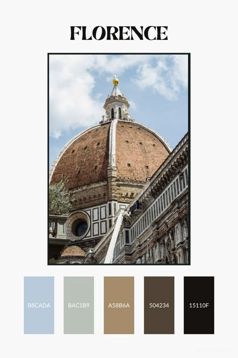 A blue, green, and brown color palette based on this photo of the Cathedral of Florence in Florence, Italy. Perfect for designing posters, logos, websites, apps, and more! I've also linked to a helpful book on colors and color palettes if you're interested in learning more about the world of color! Green And Brown Color Palette, Graphic Design Color Palette, Graphic Design Color, Design Color Palette, Vintage Colour Palette, Brown Color Palette, Color Pallete, Turin Italy, Palette Design