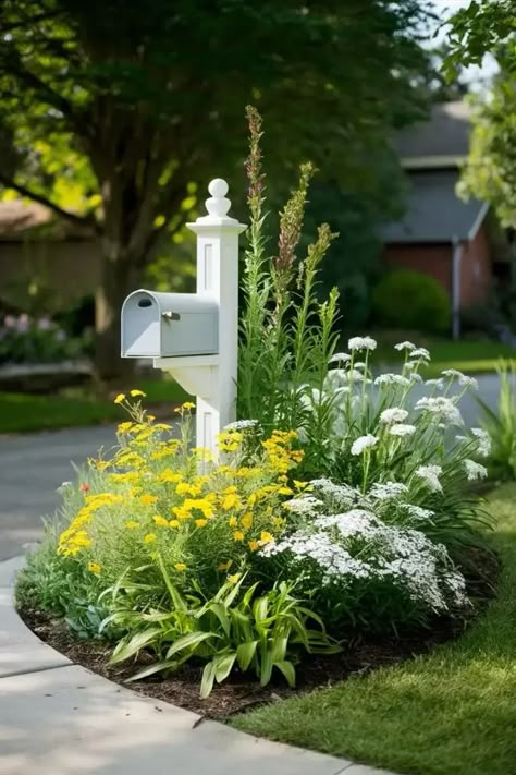 13 Brilliant Mailbox Flower Bed Ideas to Wow Your Neighbors 2 Diy Simple Landscaping Front Yard, Mailbox Landscaping With Tree, Flower Garden Ideas Front Of House, Outside Landscape Ideas, Mail Box Garden Flower Beds, Beach House Mailbox Ideas, Farmhouse Flower Bed Ideas, Outside Curb Appeal Ideas, Mailbox Flower Bed Ideas Perennials