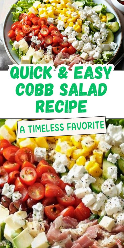 The ultimate Cobb salad recipe is here! Crispy bacon, tender chicken, creamy avocado, and hard-boiled eggs come together for a classic dish with bold flavors and fresh ingredients. Ideal for a light dinner or a protein-packed lunch, this salad is simple yet satisfying. Save this pin for a fresh, wholesome meal idea! Salads With Boiled Eggs, Cob Salad Recipe, Cobb Salad Dressing Recipe, Cobb Pasta Salad, Best Cobb Salad, Easy Cobb Salad, Cobb Salad Recipes, Cob Salad, Easy Chopped Salad