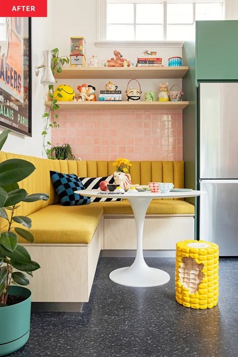 House Inspiration Colorful, Quirky Small Kitchens, Bright Kitchen Tiles, Funky Home Decor Bohemian, Color Pop Kitchen, Colorful Small Kitchen Ideas, Colorful Minimalist Kitchen, Retro Kitchen Flooring Ideas, Retro Kitchen Tiles