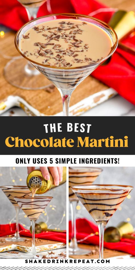 Chocolate and booze? Say no more! When it comes to favorite dessert martini recipes, this Chocolate Martini is sure to be at the top of your favorites list. You'll love this indulgent martini even if you aren't a chocolate lover. Non Alcoholic Chocolate Martini, Vegan Chocolate Martini, Breakfast Martini Recipe, Best Chocolate Martini, Frozen Chocolate Martini, Good Martini Recipes, Expresso Chocolate Martinis, Chocolate Coffee Martini, Martini Recipes Sweet