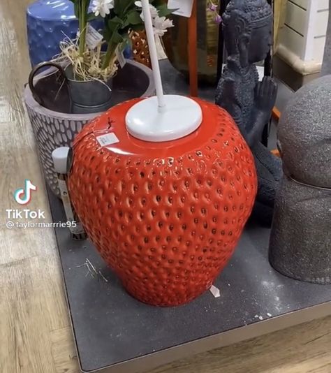 Strawberry Stool - Found at Home Goods Strawberry Nightstand, Strawberry Side Table, Fruit Room Decor, Strawberry Stool, Strawberry Home Decor, Fruit Stool, Food Stools, Strawberry Room Decor, Food Stool