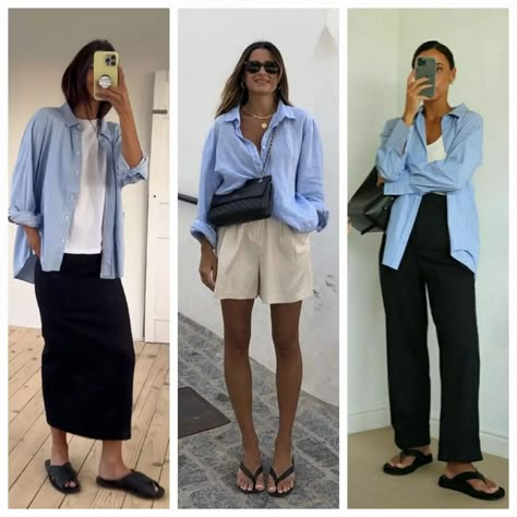 Minimalist Glam Outfits, Blue Shirt Summer Outfit, Blue Linen Shirt Outfit Women, Blue Shirt Outfits Women, Blue Shirt Women Outfit, Blue Shirts Women, Blue Shirt Outfit, Summer Work Outfit, Summer Travel Outfit