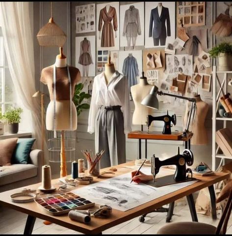 Fashion Design Room Ideas, 2025 Vision Board Sewing, Vision Board Sewing Aesthetic, Colorful Sewing Room, Sewing Atelier Interior, Fashion Office Interior Design, Fashion Design Room Studio, Sewing Vision Board, Tailor Shop Interior Design Ideas