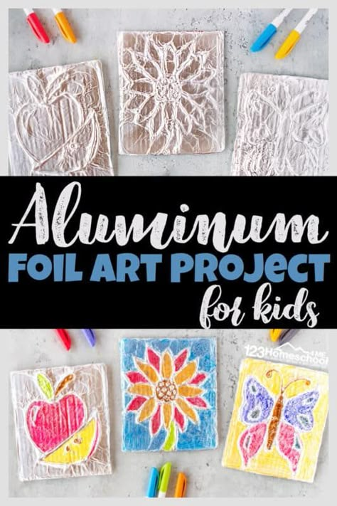 Get ready to say WOW! You and your kids are going to love making this clever and beautiful tin foil art! This Amazing aluminum foil art uses a simple technique to make a truly stunning work of art from simple flowers to butterflies, crosses to houses, animals to any picture or design you can dream up. Try making foil art for kids from toddler, preschool, pre-k, kindergarten, and elementary age kids in first grade, 2nd grade, 3rd grade, and 4th graders too. All you need are a few simple ... Tin Foil Art For Kids, Foil Art For Kids, 4th Grade Crafts, Tin Foil Crafts, Tin Foil Art, First Grade Art, Aluminum Foil Art, Art Project For Kids, Summer Math