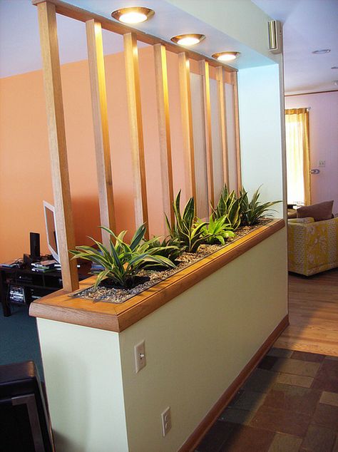 LOVE this. Half Wall Room Divider, Indoor Planter Box, Planter Box Designs, Mid Century Room Divider, Diy Planters Indoor, Brick Planter, Room Partition Wall, Planters Diy, Pony Wall