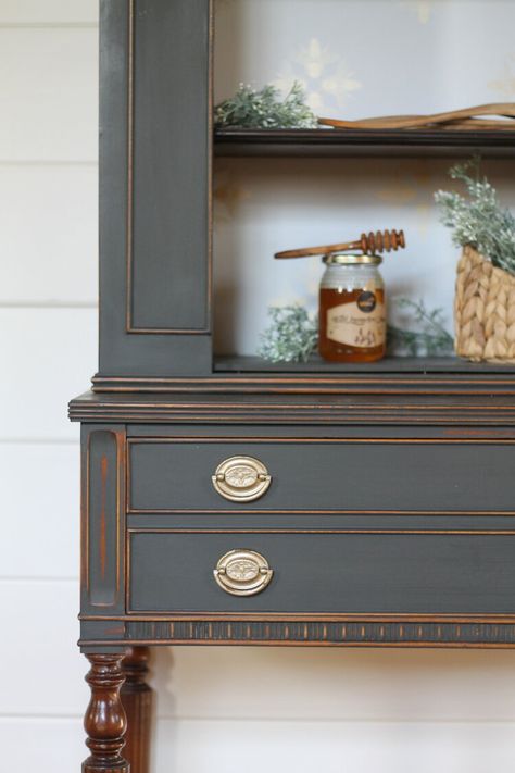 Graphite Annie Sloan Chalk Paint, Chalk Painted Bookcase, Refinished China Cabinet Farmhouse, Graphite Chalk Paint Furniture, Annie Sloan Graphite Painted Furniture, Distressed Chalk Paint Furniture, Chalk Paint Black Furniture, Annie Sloan Painted Furniture Ideas, Chalk Paint Bookcase