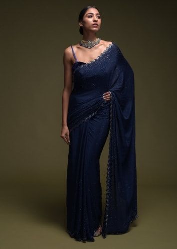 Navy Blue Saree For Farewell, Dark Saree Party Wear, Dark Saree, Festive Blue Evening Saree, Dark Blue Saree, Navy Blue Drape Saree, Dark Blue Sequin Saree, Blue Sequin Saree, Navy Blue Saree