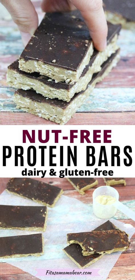 An easy, healthy no-bake snack to keep on hand! These nut-free protein bars are made with vegan protein powder to make a healthy snack or fueling post-workout option. Soft, chewy, and topped with chocolate, these no-bake protein bars are a great meal prep recipe! #proteinbar #proteinsnacks #veganprotein #nutfree #nobakerecipes #postworkout Easy Protein Bars, Buttermilk Baking, No Bake Protein Bars, Gluten Free Protein Bars, Healthy Protein Bars, Protein Bars Homemade, Protein Bar Recipes, Nut Free Recipes, Vegan Protein Powder