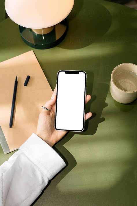 "Woman With Cell Phone With A White Screen At Office. Mockup Phone" by Stocksy Contributor "Artem Podrez" - Stocksy Phone Product Shoot, Desk Photoshoot, Phone On Table, Woman On Phone, Phone Graphic, Mockup Design Ideas, Tech Photography, Category Design, Photography Phone