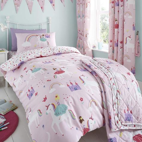 Girl Kid Bedroom, Girls Rainbow Bedroom, Toddler Cot, Kid Bedroom Ideas, Toddler Duvet Cover, Unicorn Bedding, Pink Bedding Set, Rainbow Bedding, Pencil Pleat Curtains