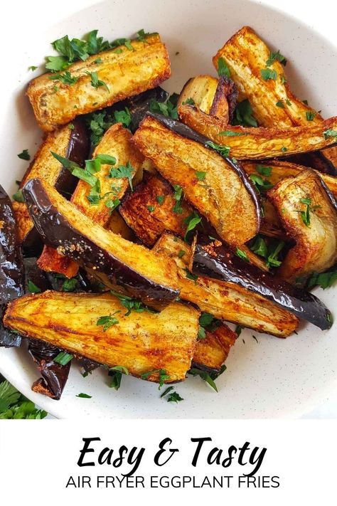 These fantastic air fryer eggplant fries are a fantastic, healthy side dish you can prepare in a matter of minutes! Eggplant, or aubergine, is cut into sticks and coated in olive oil, paprika, cumin, salt and garlic powder before being air fried to perfection. I love to air fry vegetables for healthy weeknight side dishes - it's quick, easy and so simple. This recipe is healthy, vegan, vegetarian, low carb, keto friendly, dairy free, gluten free and nut free, making it suitable for most. Healthy Dinner Recipes Vegetarian Air Fryer, Air Fried Aubergine, Low Carb Eggplant Recipes Air Fryer, Baked Eggplant Fries Recipes, Air Fryer Eggplant Recipes Healthy, Zucchini And Eggplant Recipes Healthy, Eggplant Grilled Recipes, Healthy Recipes Eggplant, Eggplant Side Recipes