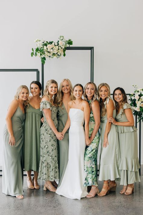 Green Floral Bridesmaid Dresses, Green Floral Bridesmaid, Mixed Bridesmaid Dresses, Simple Wedding Dress Boho, Sage Green Wedding Colors, Sage Bridesmaid Dresses, Sage Green Bridesmaid Dress, Floral Bridesmaid Dresses, Green Wedding Colors