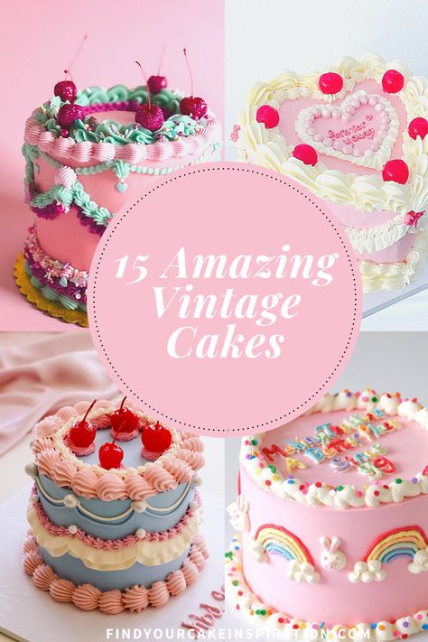 15 Amazing Vintage Cakes You Will Love - Find Your Cake Inspiration Wilton Cakes Vintage, Birthday Cake Traditional, Vintage Cakes With Cherries, Retro Cake Recipes, Retro Cake Decorating, Antique Cake Design, Boujie Birthday Cake, Vintage Buttercream Birthday Cake, Retro Cakes Birthday