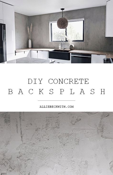 Had so much fun doing this DIY concrete backsplash! Such a great addition to my minimalist interior style. Concrete Countertop And Backsplash, Concrete Walls Interior Basements, Concrete Countertop Backsplash, Bathroom Concrete Wall, Concrete Kitchen Wall, Concrete Style Wall, Concrete Tile Backsplash Kitchen, How To Make A Wall Look Like Concrete, Faux Concrete Backsplash