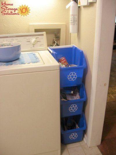 Stacked recycling bins for sorting recyclables in a narrow space, such as here in the laundry room {featured on Home Storage Solutions 101} Pantry Organization Bins, Storage Solutions Kitchen, Home Recycling, Recycling Storage, Recycling Station, Room Storage Diy, Organize Home, Basement Laundry Room, Basement Laundry