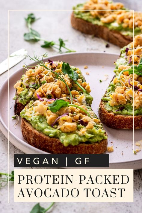 Craving avocado toast but want something more filling? This Protein-Packed Avocado Toast made with chickpeas is high in plant protein and makes the ideal healthy breakfast or lunch. Totally vegan and nut free, it can be made gluten free too. #vegan #avocadotoast #avocado #breakfast #toast #brunch #lunch High Protein Avocado Toast Vegan, Plant Based Avocado Toast, Vegan Avocado Toast Recipes, Chickpea Avocado Toast, Avocado Toast High Protein, High Vegan Protein Breakfast, Vegan Breakfast Toast, Protein Avocado Toast, High Protein Toast Ideas