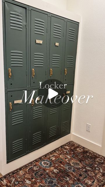 Brittani Boren • YOUTUBE MAMA on Instagram: "I had always thought it would be fun for each of our kids to have their own lockers in our house for things like shoes, backpacks, etc, so when I found these vintage  lockers at a local antique shop I took them home to re-finish them!  I don’t have video from the entire process, but basically I cleaned them really well, sanded them down, used a metal primer, painted them (pewter green- Sherwin Williams), had trim built around them in the new house, and used rough n buff (gold leaf) on the handles! I found the name magnets on Etsy!" Bedroom With Lockers, Diy Built In Lockers, Locker Ideas For Home, Closet Locker Ideas, Lockers In Garage, Painting Lockers, Metal Locker Mudroom Ideas, Locker Refurbished Diy Projects, Metal Lockers Ideas For Home