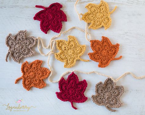 Cochet Autumn Leaves + Pattern + Tutorial + Free, Crochet Fall Leaves, Crochet Maple Leaves, Fall Colors, Home Decor, Thanksgiving Decor, Halloween Decor, Crochet Garlands, Maple Leaves Garland, Leaves on a String Crocheted Leaves, Crochet Pour Halloween, Crochet Garland, Crochet Leaf Patterns, Fall Crochet Patterns, Confection Au Crochet, Halloween Crochet Patterns, Fall Garland, Crochet Leaves