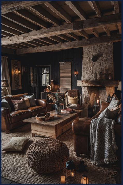 Cozy rustic living room with leather sofas, a wooden coffee table, stone fireplace, and warm ambient lighting. Dark Moody Cabin Interior, Dark Rustic Aesthetic, Moody Cabin Living Room, Rustic Organic Home Decor, Rustic Small Living Room Ideas, Moody Rustic Living Room, Dark Rustic Living Room, Moody Cabin, Dark Farmhouse