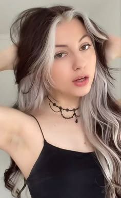 Blond Underdye Hair, Hair Styles For Peekaboo Hair, Layered Hair Pulled Back, Top Half Black Bottom Half White Hair, Brunette With White Hair, Brown With Blond Under Hair, Black And White Peak A Boo Hair, Malfoys Mom Hair Color, Narcissa Inspired Hair