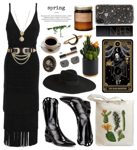 spring midi Outfit | ShopLook #street #fashion #set #outfit #ideas #chic #look #stylish #shoplook #polyvore #midi #dress Black Boho Chic Outfit, Witchy Vibes Outfit Modern, Rock Chic Summer Outfits, Everyday Boho Outfits, Spring Witch Outfit, Boho Witch Outfits, Goth Chic Outfits, Boho Goth Outfits, Boho Rocker Chic Style