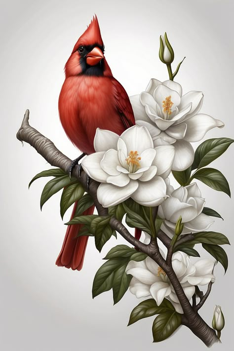 Are you looking for a unique and meaningful tattoo idea? Check out this beautiful cardinal tattoo with a gardenia flower, symbolizing love, faith, and purity. Learn how to get this tattoo and what it means in this blog post. 🌸🐦 Cardinal Bird Tattoos, Gardenia Tattoo, Cardinal Drawing, Bird And Flower Tattoo, Cardinal Tattoo, Peony Illustration, Cardinal Tattoos, Magnolia Tattoo, Possible Tattoo